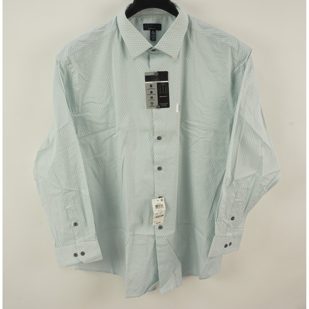 New $65 Alfani Performance Dress Shirt Men's 2XL 18 White Teal Geometric Stretch